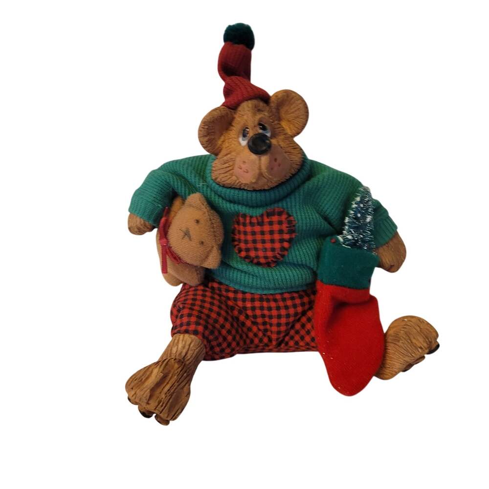 Russ Berrie Vintage Christmas Teddy Bear Figurine Plaid Pants Stocking Holiday